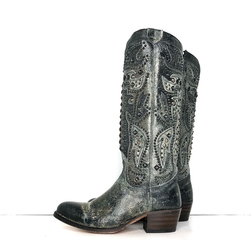 Frye Deborah Deco Tall Studded Distressed Leather Western Boots Women’s 6 Shoes - Picture 4 of 11